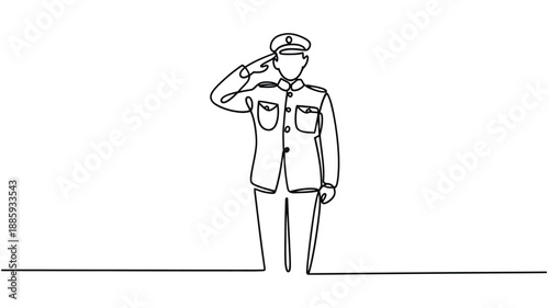 One continuous line drawing of a military officer in salute pose