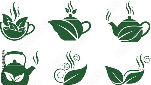 Green tea icons with steaming cups and leaves