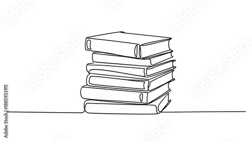 A simple line drawing depicts a stack of books neatly arranged