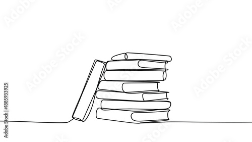 Minimalist line drawing depicts a leaning stack of books on a surface