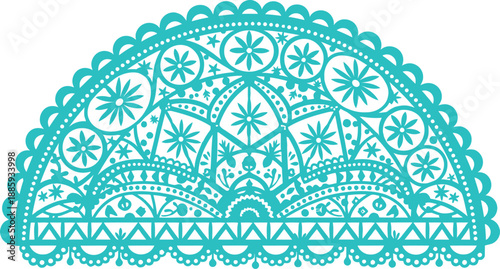 Intricate turquoise lace design with floral patterns and scalloped edges