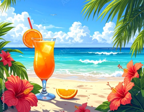 Refreshing orange drink on sandy beach with hibiscus flowers and palm fronds, ocean view, bright sky