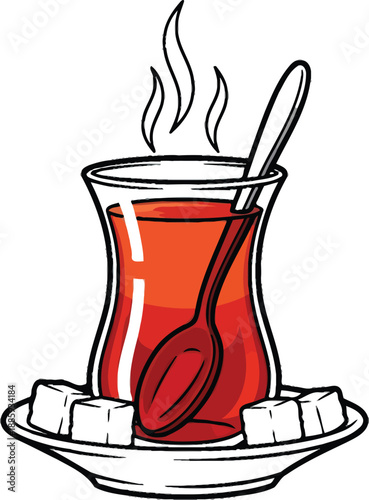 Steaming hot Turkish tea in traditional glass with sugar cubes
