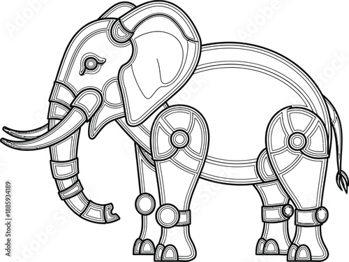 Robotic elephant with futuristic metallic design and mechanical limbs standing proudly