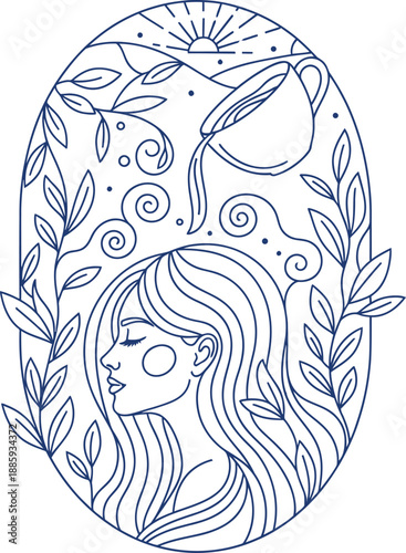 Woman with long hair surrounded by leaves and moonlight