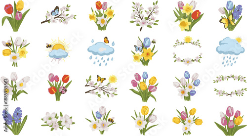 Spring flower bouquets and weather icons set. Flat vector illustration collection of tulips, daffodils, and nature elements for seasonal design.