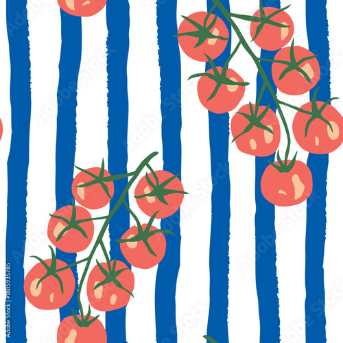 Red cherry tomatoes, blue and white striped background. Vector illustration. Seamless pattern. Summer trendy design. Vegetable garden