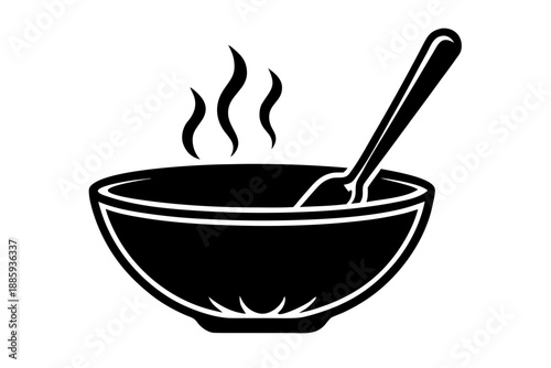 Black and white image of a hot bowl with spoon