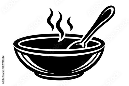 Black and white illustration of a steaming bowl of soup with a spoon