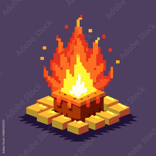 Pixel art illustration of a burning campfire on stone bricks
