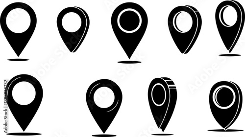 Collection of various map pin icons in black and white