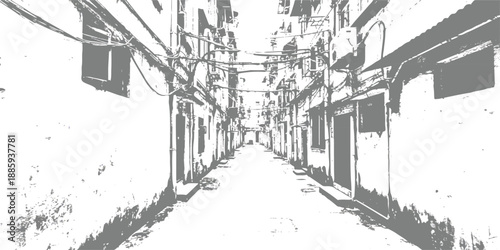 A stark black and white depiction of a narrow urban alleyway with crisscrossing wires
