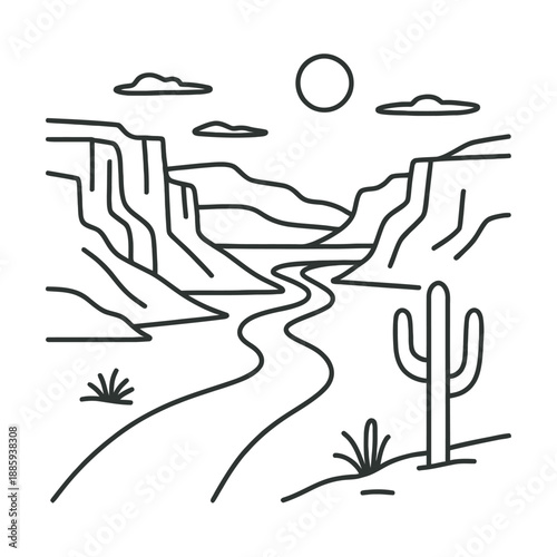 Desert canyon landscape with winding river and cactus