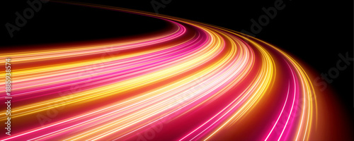 Abstract technology background with fast glowing lines and digital motion flow. Neon streams bend and collide in high-speed rhythm. The illustration feels powerful, modern, and energetic.