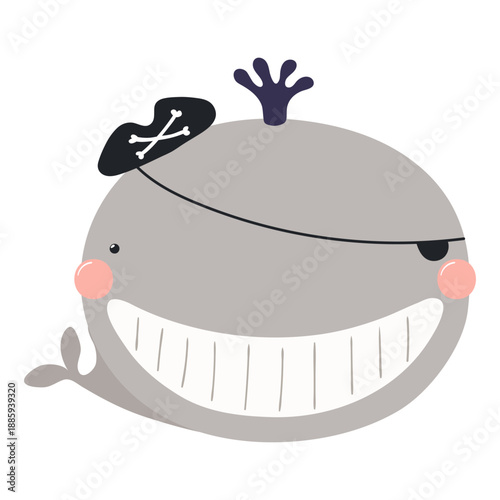 Cute little whale pirate isolated on transparent. Kawaii cartoon character. Hand drawn flat vector illustration. Kids nautical design element, clip art, fashion print, poster, wall art