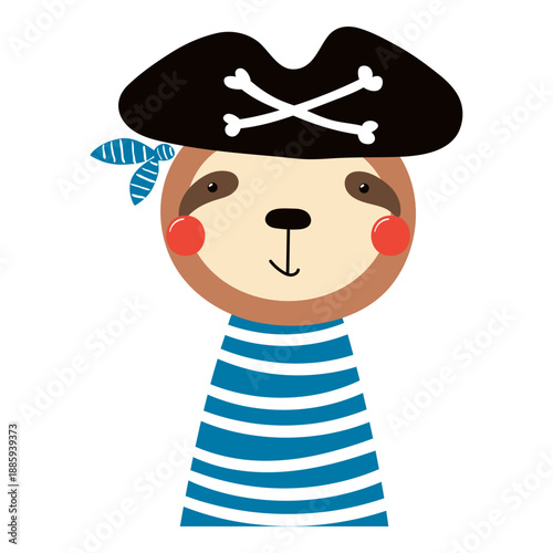Cute little sloth pirate isolated on transparent. Kawaii cartoon character. Hand drawn flat vector illustration. Kids nautical design element, clip art, fashion print, poster, wall art