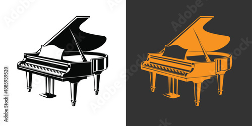 Grand piano silhouette, Vector silhouette of grand piano, musical instrument icon, concert piano vector, black and white illustration
