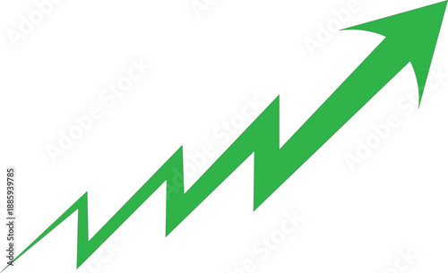 green zigzag arrow climbing upward showing step by step growth and rising business market trends isolated on white background.