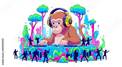 Artboard 1.aiWhimsical Vector Illustration of a Cute Monkey DJ with Headphones Performing in a Vibrant Colorful Jungle