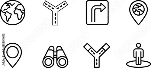 A collection of eight simplified line art icons depicting navigation and travel related concepts with a transparent background