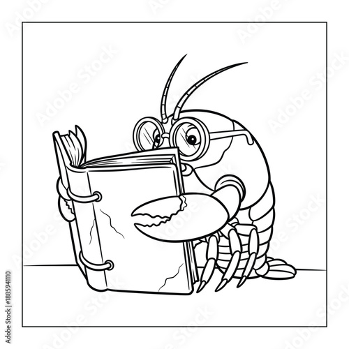 Cute lobster wearing glasses reading a book, fun underwater educational coloring page for kids