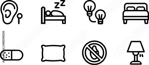 Collection of simple line art icons representing sleep health and comfort elements for design