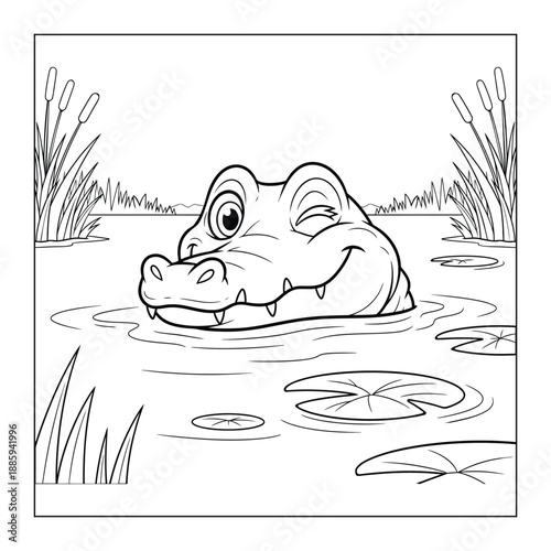 Cute winking crocodile in a swamp with lily pads and reeds, bold line art kids coloring page