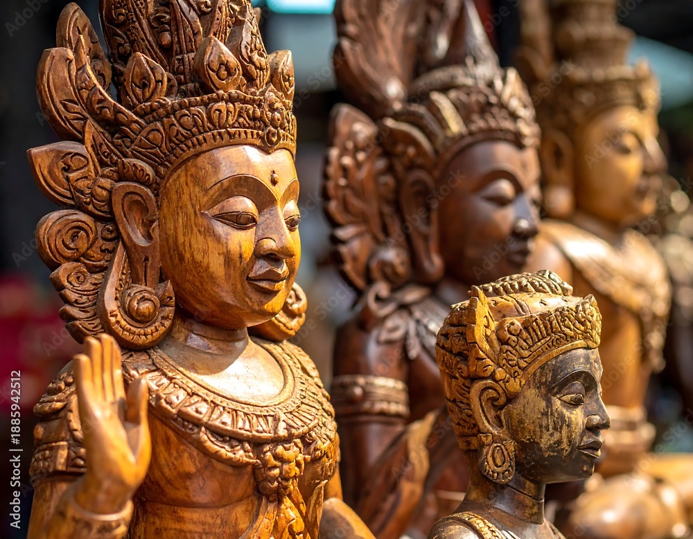 Obraz premium Row of hand-carved wooden statues with intricate details and golden hues, creating a serene, spiritual atmosphere