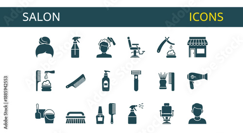 Collection of salon icons representing various services and tools used in a beauty salon environment from a straightforward viewpoint