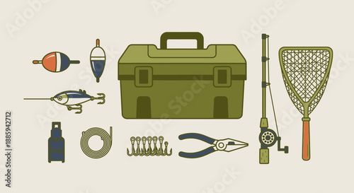 Full Collection of Fishing Gear Including Tackle Box, Rod, Reel, Lures, Floats, and Tools on a Light Background.