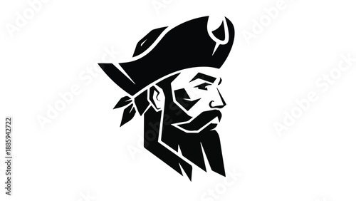 Pirate Head Silhouette Black and White Nautical Icon Adventure Symbol.