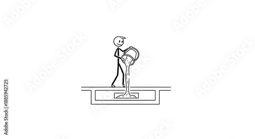 Stick Figure Person Pouring Water from a Bucket into a Drain on an Isolated White Background.