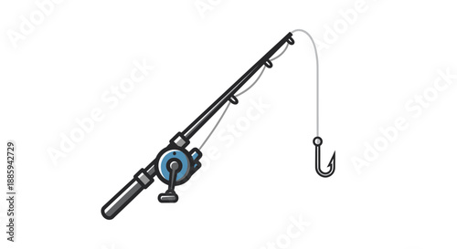 Fishing Rod with Reel and Hook Ready for Angling on a Light Background.