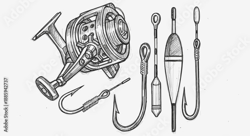 Detailed Sketch of Fishing Reel, Hooks, and Floats on an Isolated White Background.