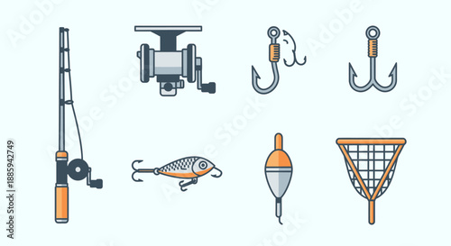 Detailed Collection of Fishing Rod, Reel, Hooks, Lure, Floats, and Net Icon Set on a Light Blue Background.