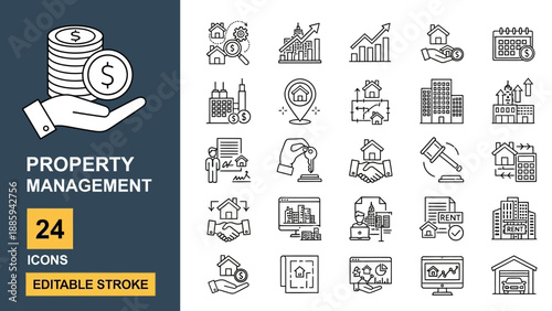 Collection of Property Management Icons Featuring Editable Stroke Illustrations and Symbols