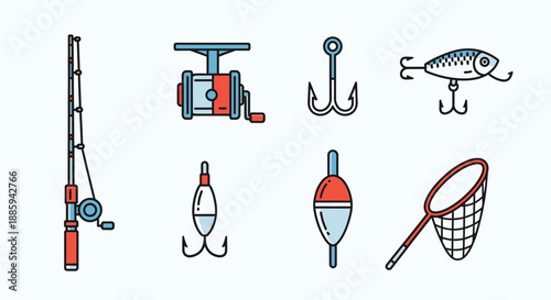 Collection of Fishing Rod, Reel, Hooks, Lure, Floats, and Net Icon Set on a Light Blue Background.