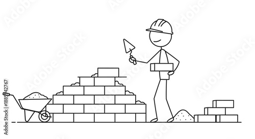 Stick Figure Bricklayer Building a Brick Wall with a Trowel, Mortar, and Bricks on an Isolated White Background.