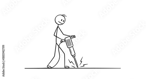 Construction Worker Using a Jackhammer on Concrete or Asphalt, isolated white background