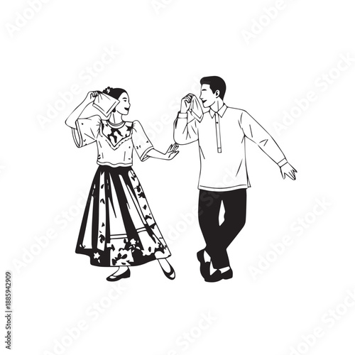 Young Couple Dancing Hand in Hand in Traditional Attire Enjoying Music.