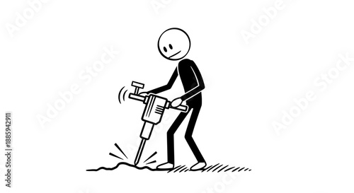 Stick figure construction worker operating a jackhammer, breaking ground on an isolated white background