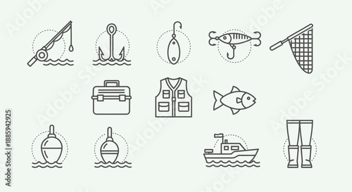 Set of line art fishing equipment and accessories icons on an isolated white background