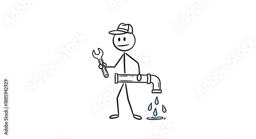 Happy stick figure plumber fixing a leaky pipe with a wrench, water dripping on an isolated white background