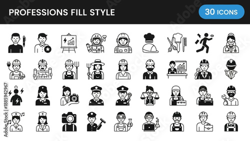 Collection of various profession icons in fill style, featuring people at work, different jobs, and professional roles in a simple graphical representation