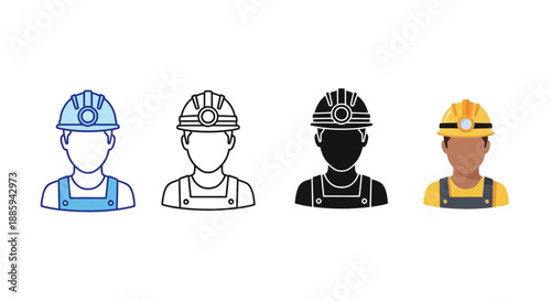 Collection of diverse worker icons in various styles and colors wearing helmets and overalls