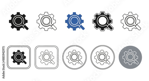 Collection of gear icons in various styles and colors for design and development
