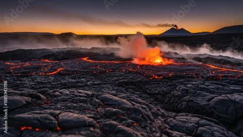 Dramatic volcanic landscape featuring flowing lava and a distant smoking volcano at sunset.