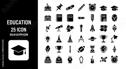 Educational icons set displayed on a black and white background, featuring various symbols and objects related to learning and education, viewed from a straightforward perspective.