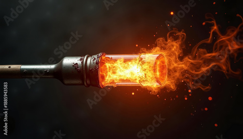 Industrial gas burner or metal pipe with intense fire.