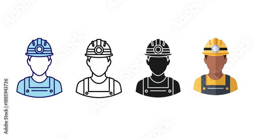 Collection of various worker icons in different styles and hard hats